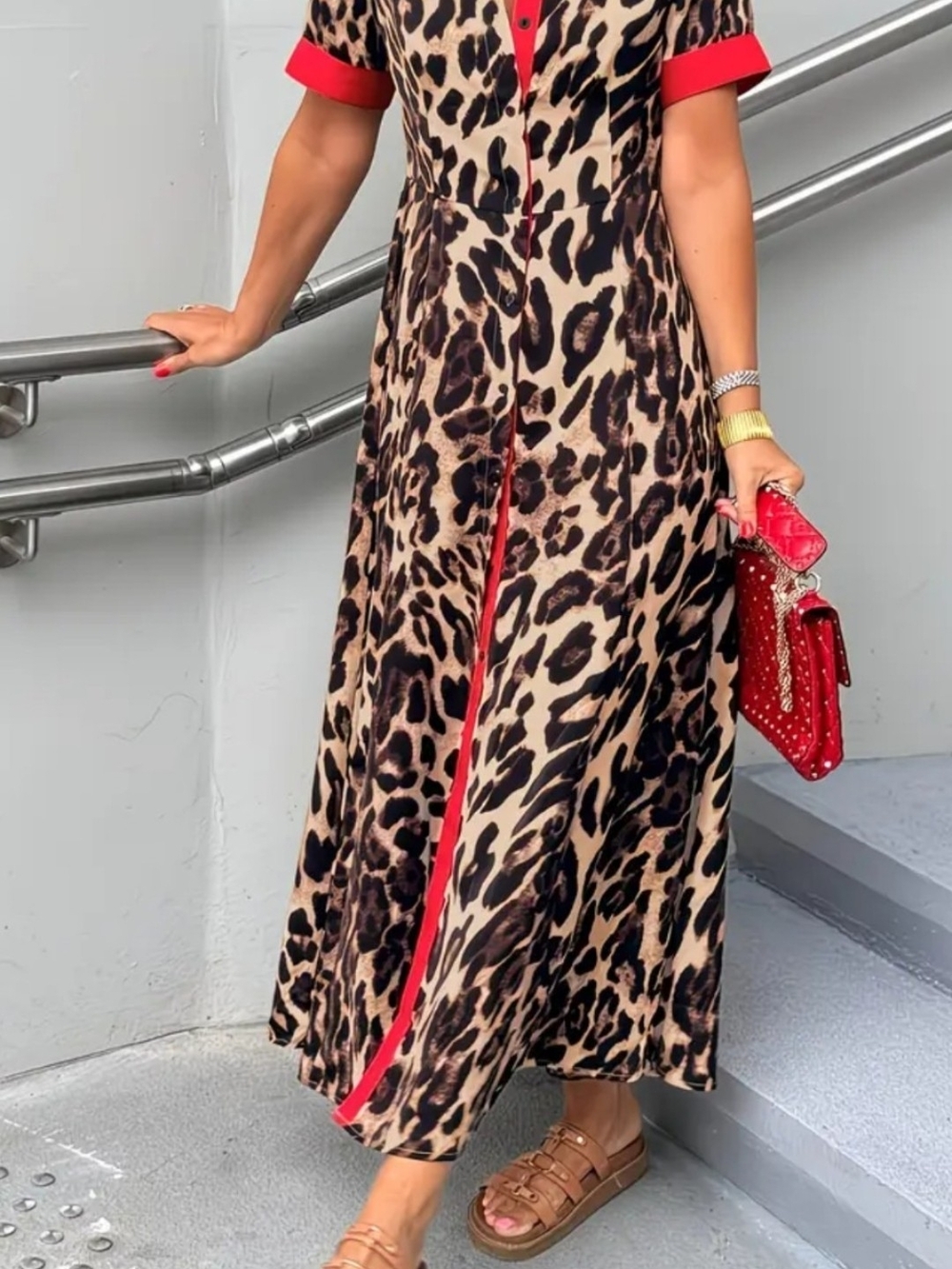 Source Unknown Leopard Print Midi Dress with Red Trim Accents